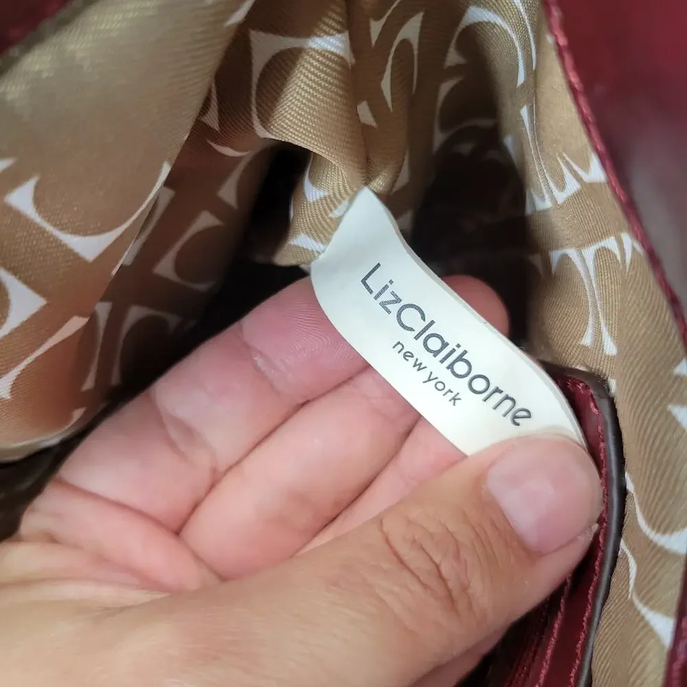 Liz Claiborne Dark Red Vegan Leather Oversized Tote w Tortoise and Gold Hardware